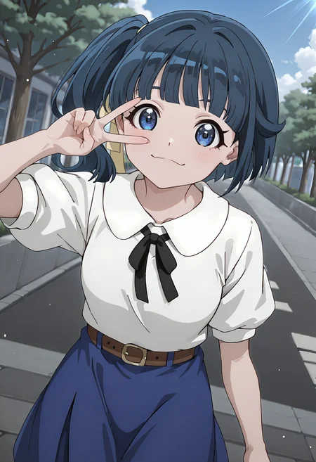 best quality, amazing quality, perfect quality, high quality, masterpiece, absolutely eye-catching BREAK
<lora:Shangri-La_Frontier_-_Rumi_Hizutome:1> ShangriRumi, blue eyes, blue hair, long hair, side ponytail, blunt bangs, yellow hair ribbon, small breasts BREAK
white shirt, black neck ribbon, brown belt, blue skirt, blue sky, sunbeam, light particles BREAK
outdoors, street, walking, trees, v over eye, smile, head tilt, looking at viewer, dutch angle, cowboy shoot, from above