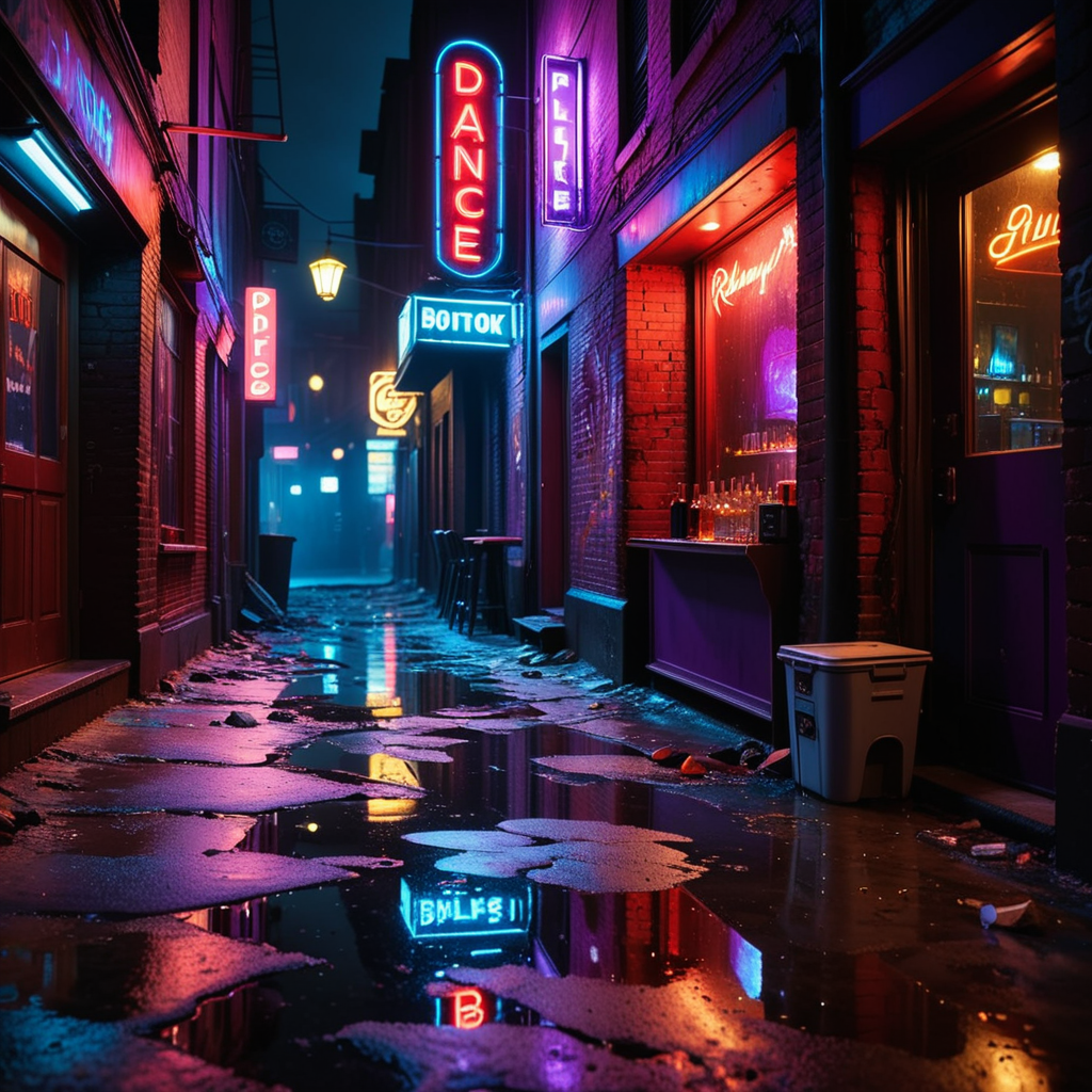A dark and grimy alleyway behind a dance bar at night, illuminated by dim, flickering neon lights in shades of red and purple. The alley is narrow and lined with aged, graffiti-covered brick walls. Scattered trash and puddles reflecting the dim light create a gritty atmosphere. The scene feels damp and unwelcoming, with faint traces of smoke and steam rising from a nearby vent. Broken glass and discarded items litter the uneven ground. The distant hum of a neon sign and faint sounds of music leaking from the bar add to the urban, moody ambiance of the night.
<lora:SDXLFaeTastic2400:0.4> <lora:extremely_detailed:0.4> extremely detailed, Masterpiece,best quality,hi res,8k,hi res,8k,award winning,(sharp focus, intricate, highly detailed),