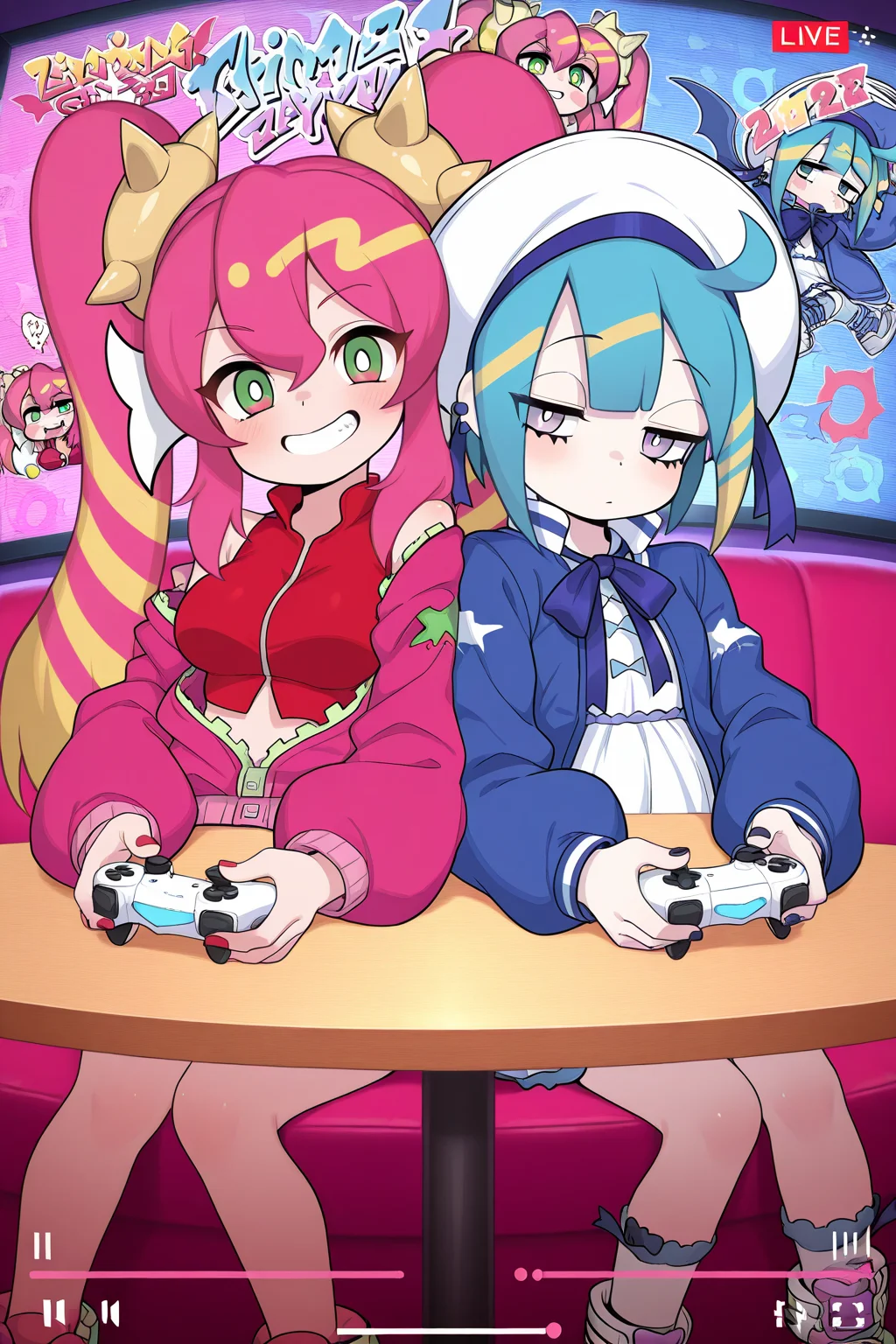 2girls, LiveTwinLil-laYu-Gi-Oh, LiveTwinKi-sikilYu-Gi-Oh,
general, side-by-side,
sitting, looking at viewer, smile,
livestream, table, game controller,
<lora:kp_LiveTwinKi-sikilLil-laYu-Gi-OhIllustrious_v1_0:1.0>,
masterpiece, best quality, amazing quality