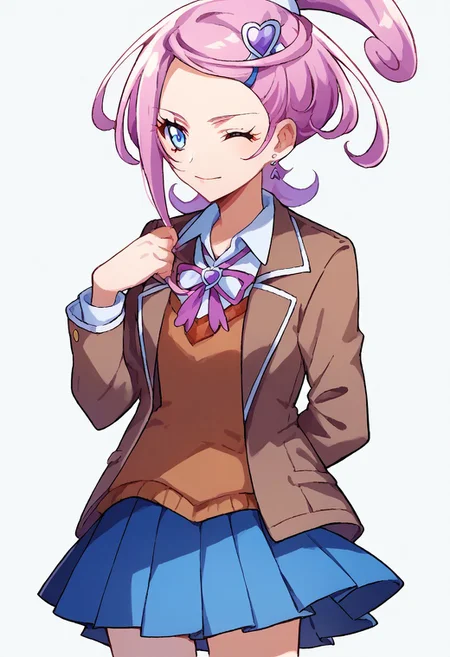 score_9, score_8, score_7 source_anime, curesword, blue skirt, pleated skirt, school uniform, skirt, brown jacket, jacket,