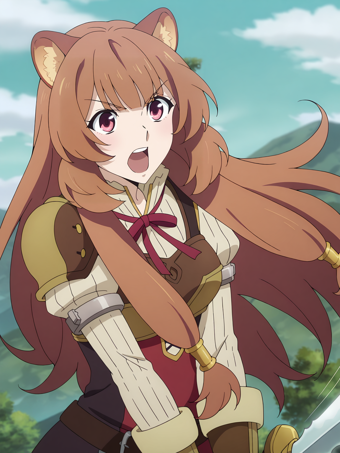 <lora:Raphtalia:0.8>, raphtalia, tate no yuusha no nariagari, 1girl, solo, red eyes, long brown hair, twintails, raccoon ears, raccoon tail, white pleated shirt, long puffy sleeves, red ribbon, red dress, metal armlet, asymmetrical leather pauldrons, elbow leather gloves, leather breastplate, metal bracelets, brown belt, scabbard, angry, open mouth, teeth, frown, standing, holding sword, fighting stance, v arms, floating hair, upper body, looking ahead, outdoors, tree, sky, day, cloud, mountain, blurry background, motion lines