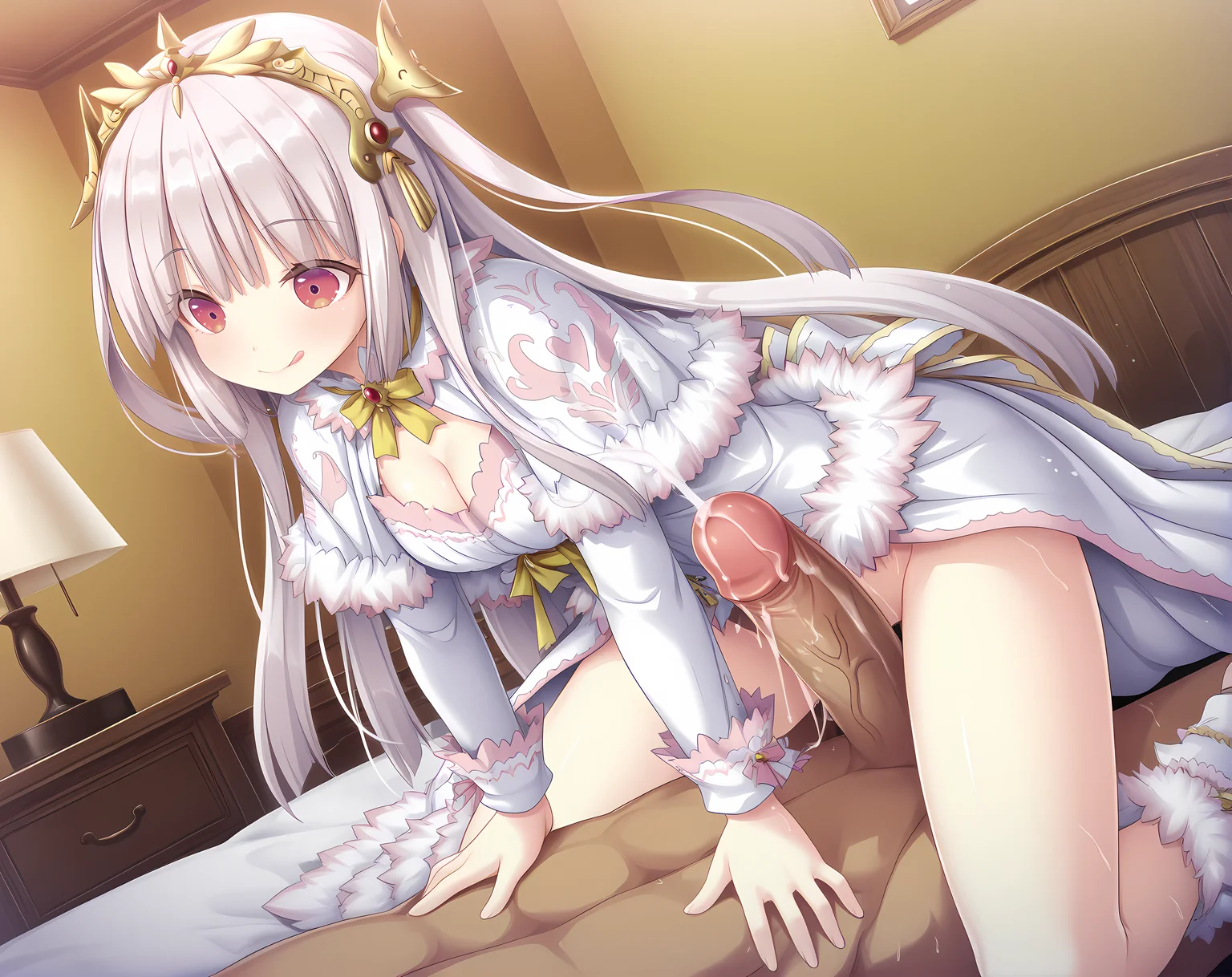<lora:Lilica:1>,lilica,small breasts,white hair,long hair,bangs,red eyes,two side up,base outfit,tiara,solo focus,cowgirl position,see-through clothes,uncensored,dark skin,kneeling,legs,on bed,veiny penis,straddling,bare legs,cheating \(relationship\),cleavage,premature ejaculation,1girl,licking lips,bottomless,, masterpiece,best quality,amazing quality, very aesthetic, absurdres,detailed eyes,ultra-detailed,