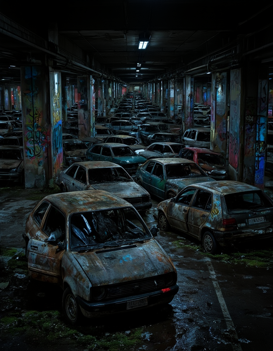 <lora:CW02_Lost_Officev2fluxc:1> many abandonned cars, abandonned car parking, no car lights, car wrecks, wet, wet spots, dirty, very dark foreground, moss, graffitis, no wheels, colored lighs on the background,