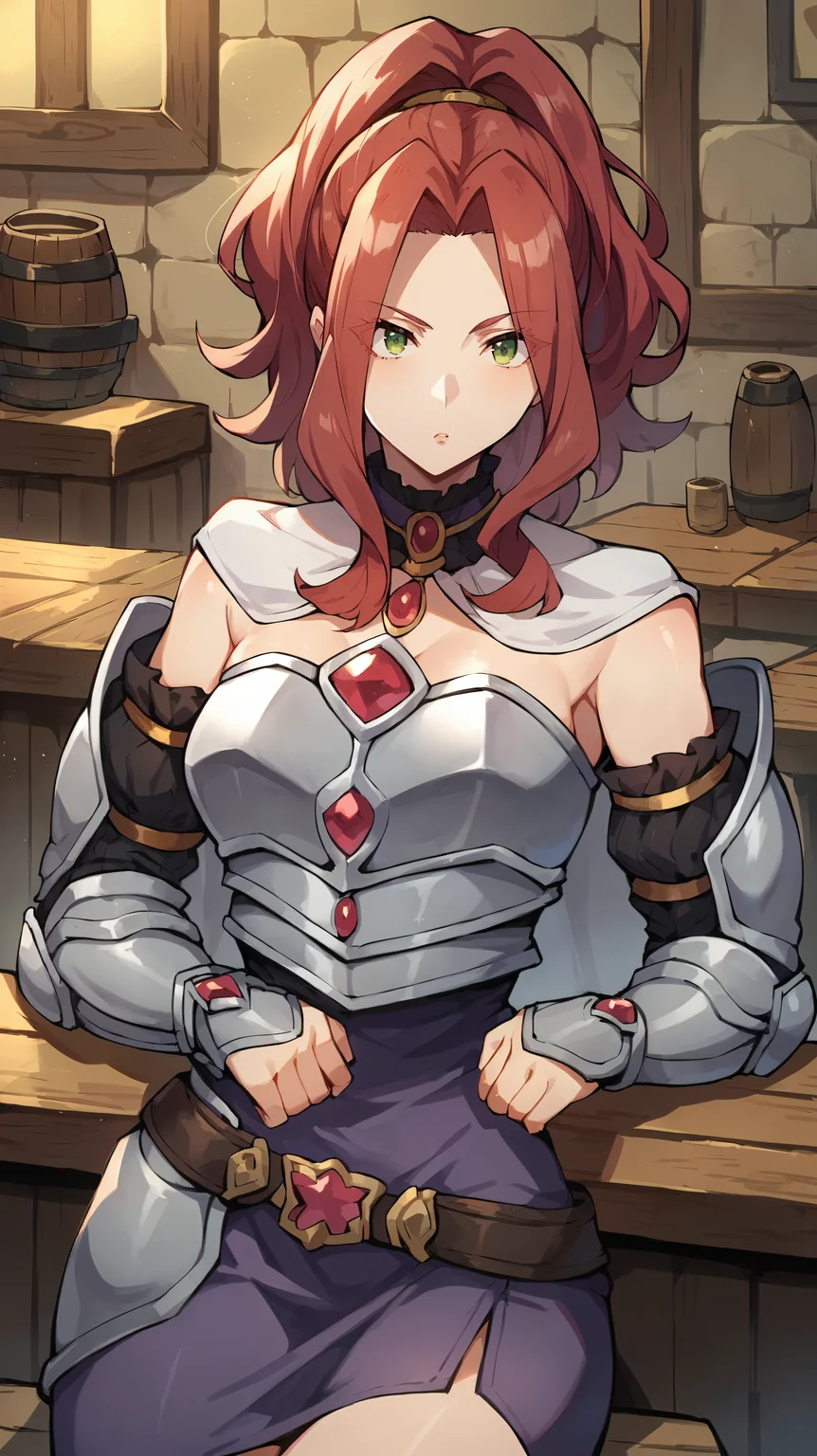 score_9,score_8_up,score_7_up,score_6_up, source_anime, zPDXL, <lora:xl_more_art-full_v1:0.5>, girl, dynamic pose, resting on a diagonal, red hair, hair up, green eyes, iron armor, breastplate, detached sleeves, white capelet, purple skirt, leather belt, arm guards, <lora:Malty - Pony-000004:0.8>, tavern, fantasy,