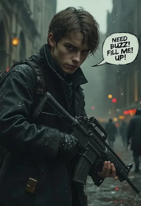 a young man in black trench coat holding up an empty buzz machine-gun in his hand ask for ammo to the viewer, side looking, in a dialog balloon he says "NEED BUZZ! FILL ME UP!", mass shooting in a courthouse, dead bodies everywhere