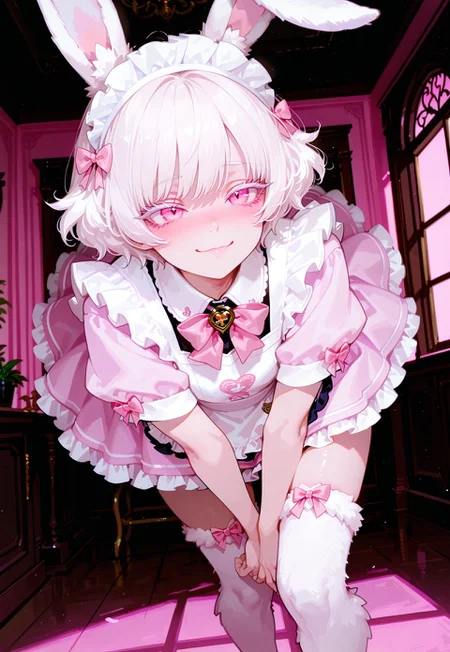 anime, best quality, dynamic pose, expressive, dynamic pose, dynamic angle, volumetric lighting, cinematic lighting, absurdres,
BREAK 
,
1girl, pixie cut, short hair, white hair, wavy hair, white eyelashes, fluffy hair, withe skin, beautiful pink eyes, little, cute, fluffy outfit, Wererabbit, animal legs, thighhigh fur, rabbit ears, fluffy, (handsome, bishounen, masculine),
BREAK 
,
indoors, pink ballroom, pink background, cute, blushing, shy, detailed, beautiful, masterpiece, high quality, adorable, shy smile, maid, maid headdress, apron, pink dress, frills, short sleeves, pink bow, mori_calliope