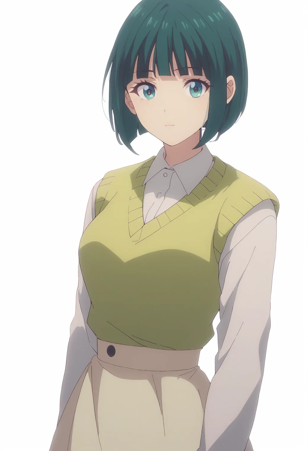 score_9,score_8_up,score_7_up, masterpiece, best quality, white background, 1girl, solo <lora:DX888Shiragiku:1>ono shiragiku, green hair, bob cut, medium breast, sweater vest, collared shirt, yellow skirt