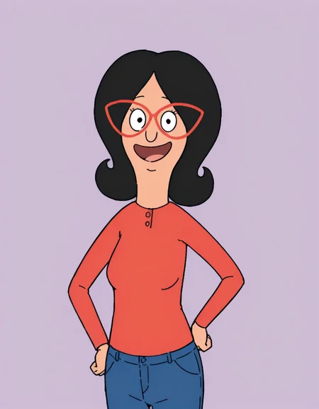 <lora:LindaBelcherIllustrious1.0JLFO:1> linda, 1girl, black hair, solo, glasses, red-framed eyewear, smile, red shirt, pants, long sleeves, jeans, black eyes, looking at viewer, hand on own hip, cowboy shot,open mouth, simple background, simple background,