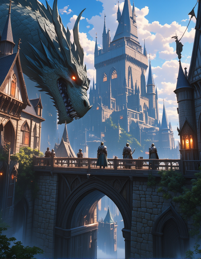 <lora:MW_Minis02flux:1> m1md, animation, medieval, epic, epic details, epic scale, absurdres, outdoors, closeup,  knights, huge dragon, medieval castle, medieval windows, bokeh, on a bridge from side, medieval cityscape, blured castle in the background, sky, fire, arch, sky, illuminated windows,