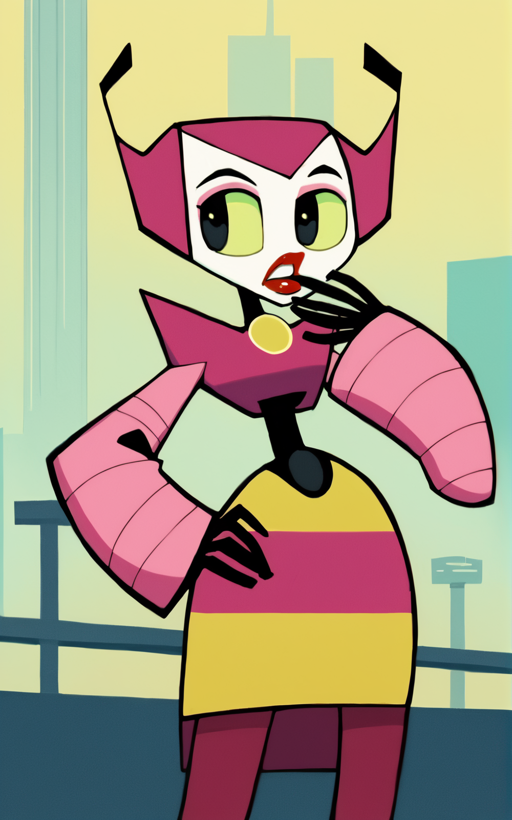 score_9, score_8_up, score_7_up,((best quality)), absurdres, <lora:BolivanteStyle:0.8>,  <lora:VPXL-03:0.8>,VPXL, robot, pink hair, white skin, striped skirt, long sleeves, pink sleeves, skirt,  lipstick, green sclera, pink pantyhose, pantyhose,makeup, black eyes,futuristic, city, confused, hand in hip hand in mouth, park