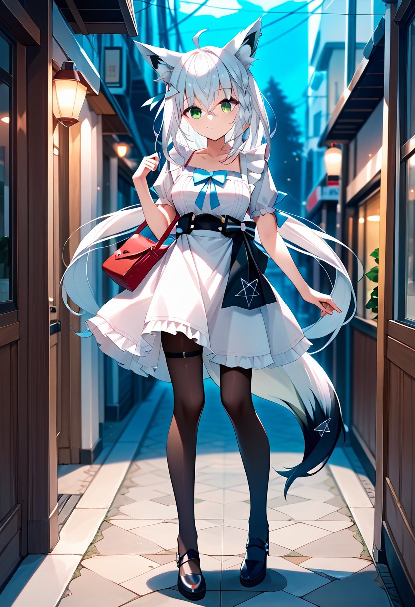 score_9,score_8_up,score_7_up,source_anime, SHIRAKAMI_FUBUKI,1girl,solo,long hair,looking at viewer,smile,bangs,hair ornament,dress,animal ears,hair between eyes,green eyes,tail,full body,braid,ahoge,white hair,pantyhose,frills,virtual youtuber,bag,apron,animal ear fluff,fox ears,thigh strap,fox tail,fox girl,shoulder bag,pentagram,