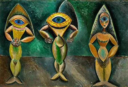 p1c4ss0, seraphins, mystical creature with hundreds of eyes and wings, roswell alien with yellow christmas hat delivering presents with santa riding a ufo sleigh, 1908 Trois femmes