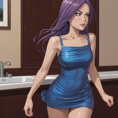 <lora:VampbladePurple_pony_v1:1>KatiePurple, 1girl, purple hair, long hair,  medium breasts, cowboy shot,  <lora:0878 Laser nightclub skirt_v1_pony:1> ruanyi0878,blue dress,short skirt, skirt,
