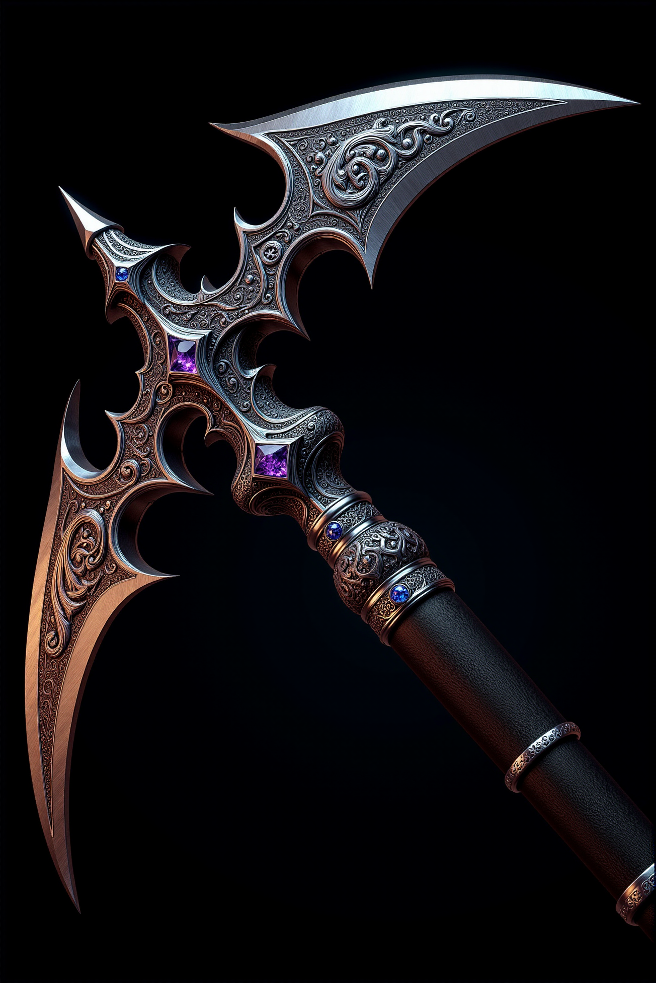 <lora:Cold_Weapon:0.7> ColdWeapons style. This image showcases  a (macro shot) of an exquisitely designed battle axe, a true masterpiece of craftsmanship blending intricate artistry with formidable lethality. The sharp blade, forged from polished steel with a mirror-like finish, is adorned with an elaborate engravings. The hilt and guard are ornately sculpted, featuring elaborate filigree and gothic motifs in polished black steel, accentuated by deep carvings and swirling patterns reminiscent of ancient mystical runes. The crossguard extends into sharply curved talons, echoing the wave form, creating an imposing silhouette that speaks of both elegance and destruction. Subtle gemstones are embedded within the hilt, shimmering with an inner light that suggests latent magical energy coursing through the weapon. The handle, wrapped in black leather, offers an ergonomic grip, ensuring both comfort and precise control. Every detail, from the elegant curvature of the blade's edge to the subtle interplay of light and shadow across its engravings, conveys a sense of power and history, as though this sword has witnessed legendary battles and awaits the hand of a worthy warrior to wield its might once more. Black with dark red undertone velvet background.