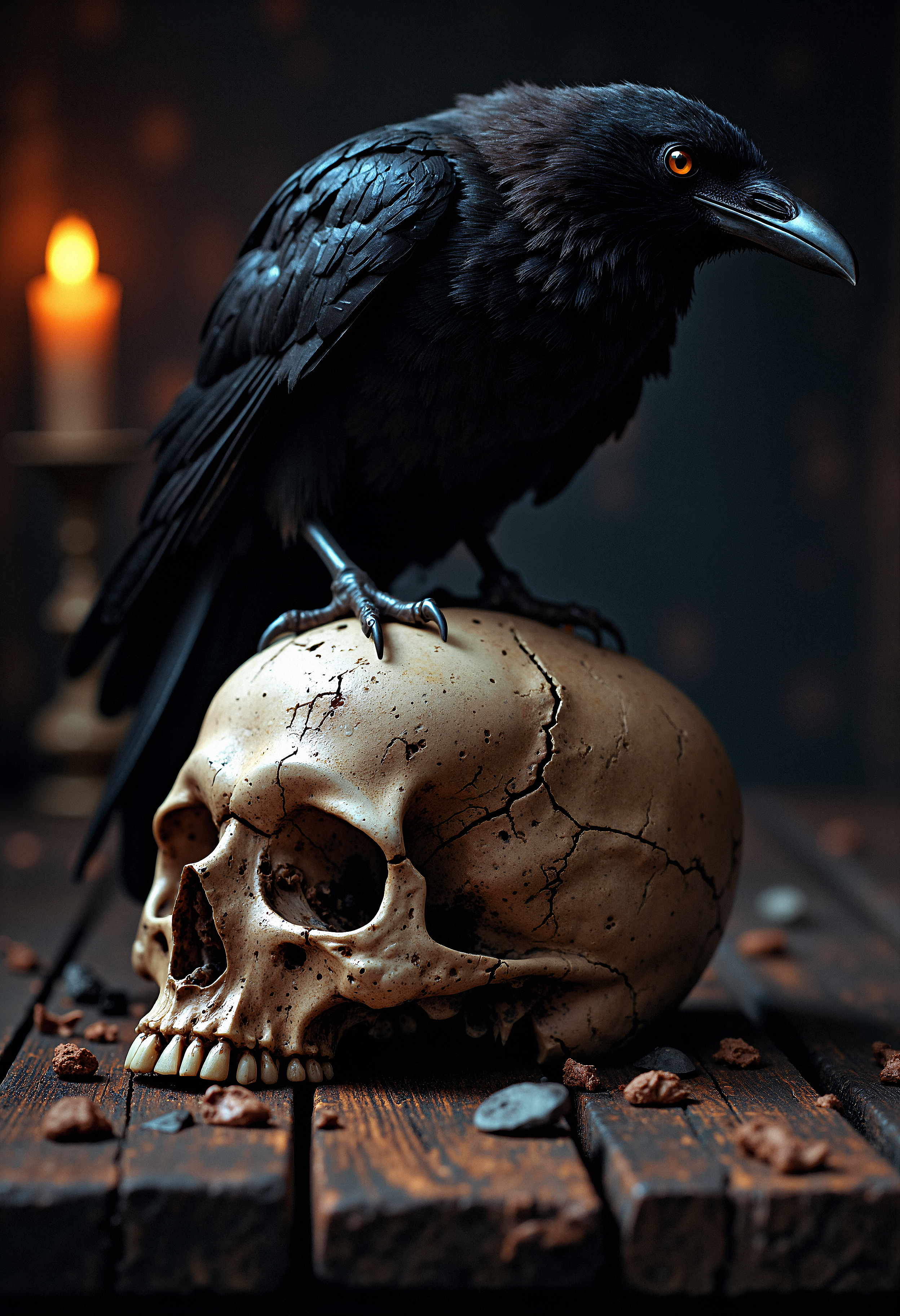 A close-up of a human skull, aged and cracked, resting on a wooden table. Perched on top of the skull is a large, black raven with piercing eyes. The raven’s feathers are detailed, with some ruffled as if it just landed. The skull’s eye sockets are deep and dark, with small cracks running across the surface, adding a sense of decay and age. The table is rough and worn, with visible grain and splinters. The background is dark, with a faint hint of candlelight flickering in the distance, creating a haunting, gothic atmosphere. An old, abandoned library with cobwebs hanging from the shelves.<lora:FluxMythP0rtr4itStyle:0.8> MythP0rt,