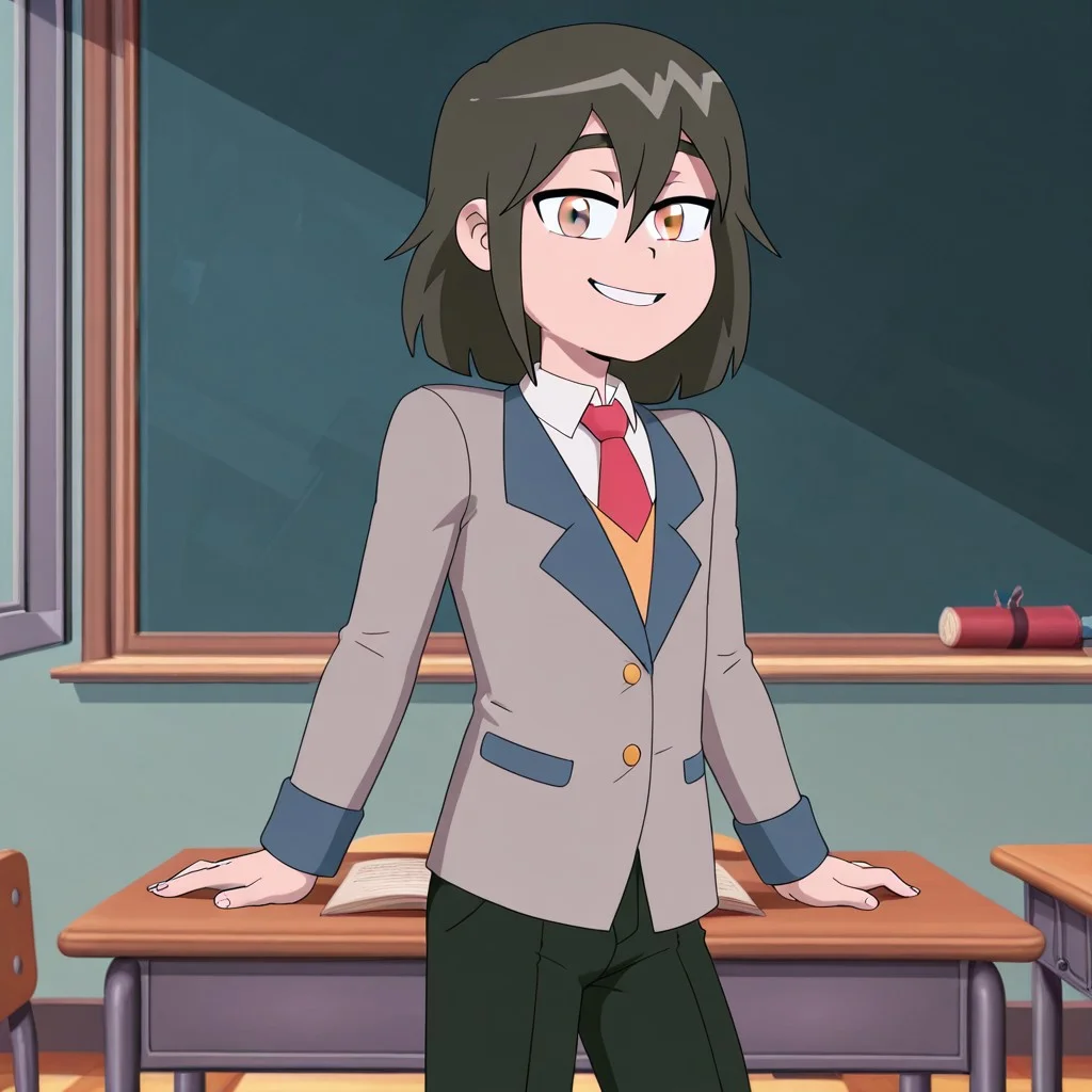SlimeBoy, medium hair,grey eyes,school uniform,1boy, classroom, looking at viewer, smile,cowboy shot
