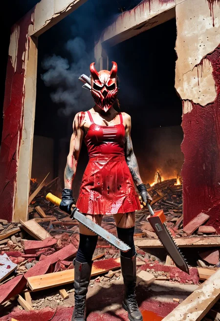 crmu, vengeful crazy lady , wielding a bulky double handed sword  with chainsaw teeth,  (muscular), bulky body, slashes, linen torn (red Alex_the_terrible_mask covering) face, mask, horns, skimpy, (scars), white short hair, dynamic pose, standing on top of gothic rubble, futuristic battlefield  background, (intricate details:1.12), hdr, (intricate details, hyperdetailed:1.15), wearing only red bra and torn leather linen scraps, (scarred) body, religious paper scraps randomly attached to her, dirty, bloody, darkness, (lit only by fires), dynamic action pose, by alena aenami, by rutkowski, (intricate details), (hyperdetailed), 8k hdr, high detailed, lot of details, high quality, soft cinematic light, dramatic atmosphere, atmospheric perspective, dark night, contrast, shadows, dark hopeless atmosphere, BREAK maximum details, 4k, 8k, high quality, highly detailed, armoured boots, warhammer