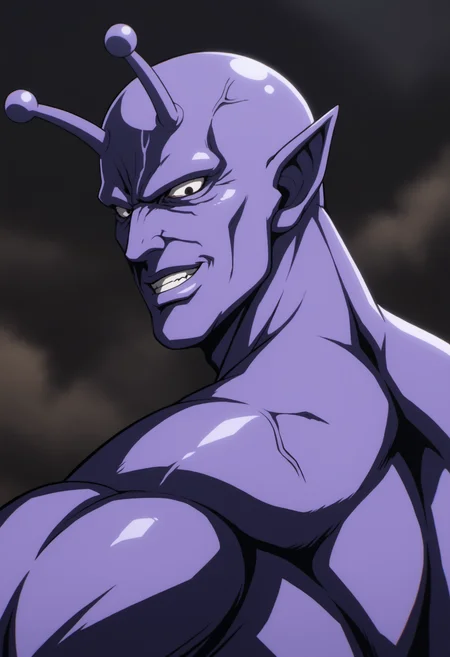 1boy, solo_focus, vaccineman_onepunchman, monster, purple skin,black eyes, pointy ears, white_sclara, antennae, veiny, score_8_up, score_7_up, score_6_up, score_9, manly, muscular, stocky body, big muscle, big arms, middle-age man, a man on ruin street, broken building, dark sky, centered, face_focus, detailed eyes, 8k uhd, high quality, fight pose, from behind, evil_grin, smile, close up, looking at viewer