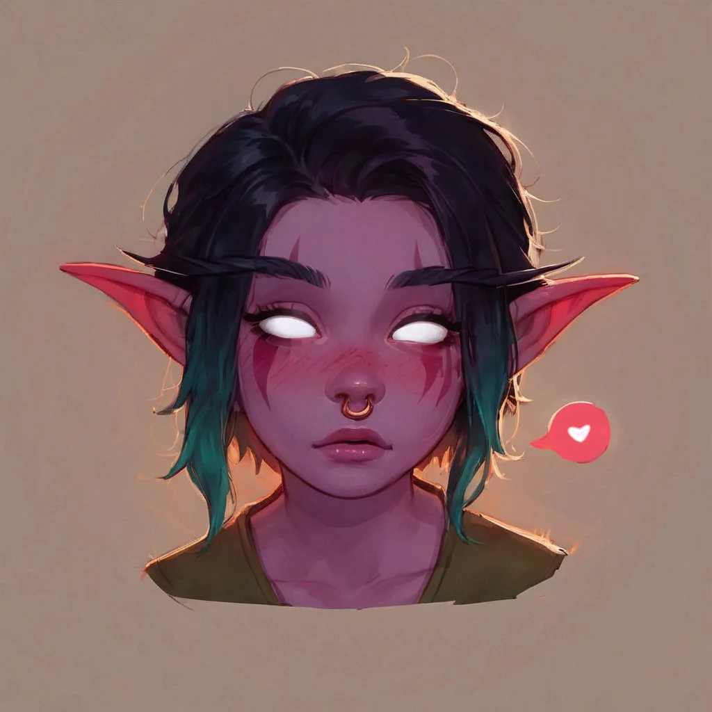 score_9, score_8_up, score_7_up, masterpiece, high quality,
cute night elf World of Warcraft, 1girl, adult, tall figure, pointy ears, purple skin, short hair, green hair, black hair, multicolored hair, half, beautiful cute face, glowing eyes, white eyes, no pupils, face markings, shy face, blush, nose ring
blowing kiss, closed eyes, heart emoji,
rim light, simple background, face, portrait, one face only, highly detailed, details