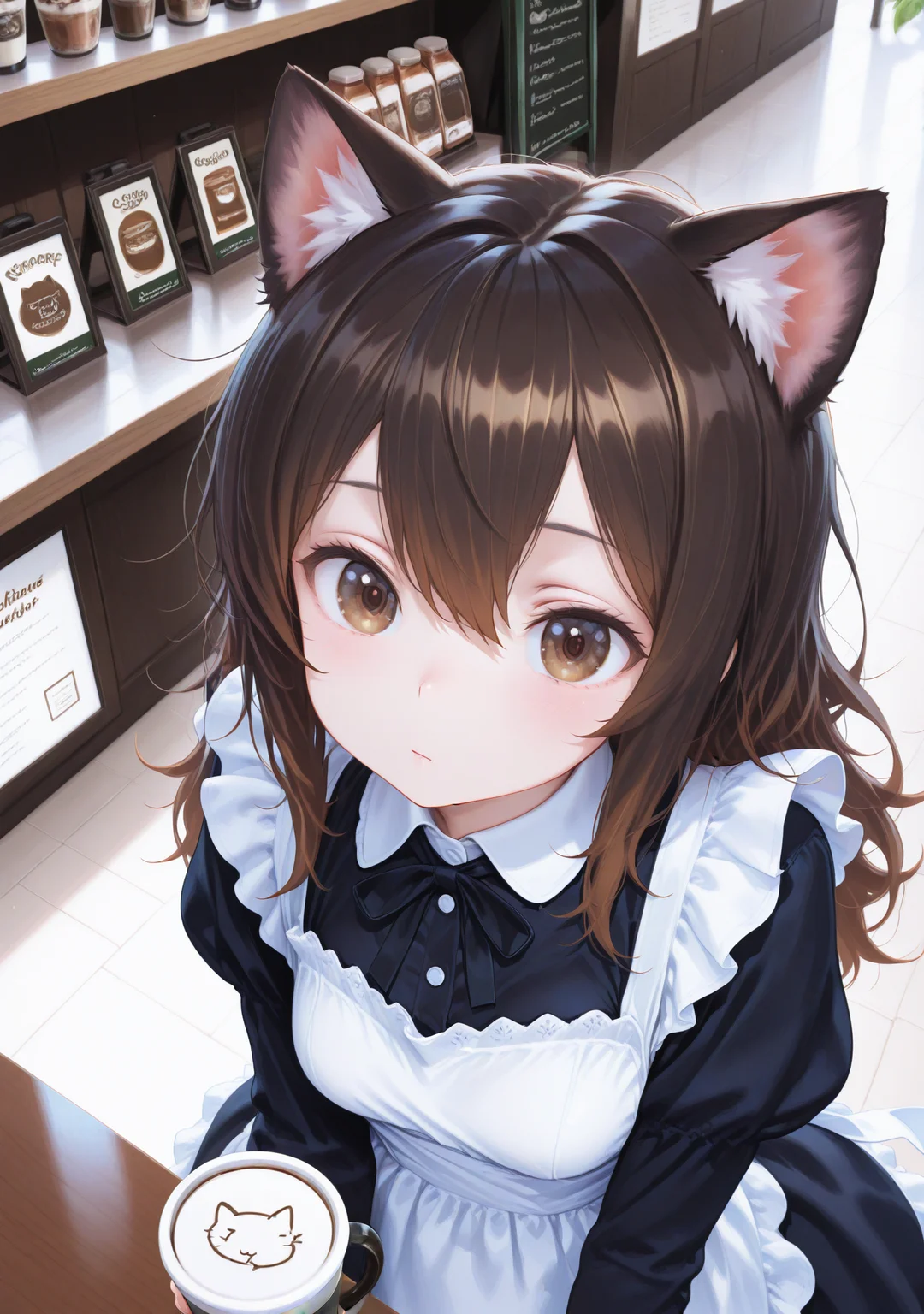 day light,cocoa\(drink\),paw,maid dress with cat ears,dark brown hair,long hair,brown eyes,coffee shop,loop hair,head tilt,dynamic zoom from above,zoom in face,
masterpiece,best quality,amazing quality,
<lora:nonoknow:1>,nonoknow,