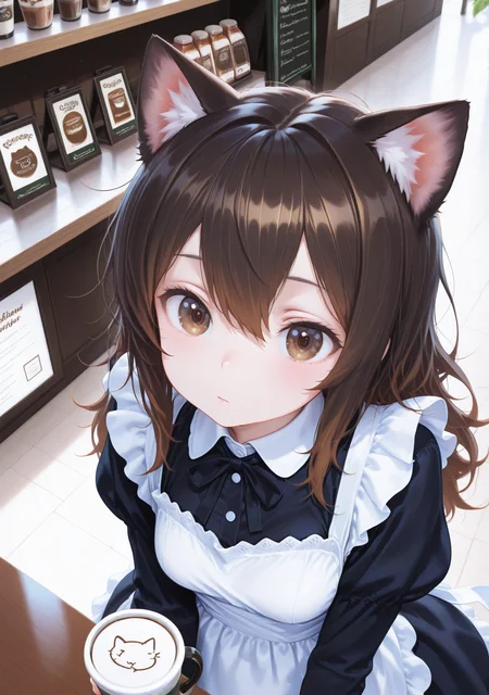 day light,cocoa\(drink\),paw,maid dress with cat ears,dark brown hair,long hair,brown eyes,coffee shop,loop hair,head tilt,dynamic zoom from above,zoom in face,
masterpiece,best quality,amazing quality,
<lora:nonoknow:1>,nonoknow,
