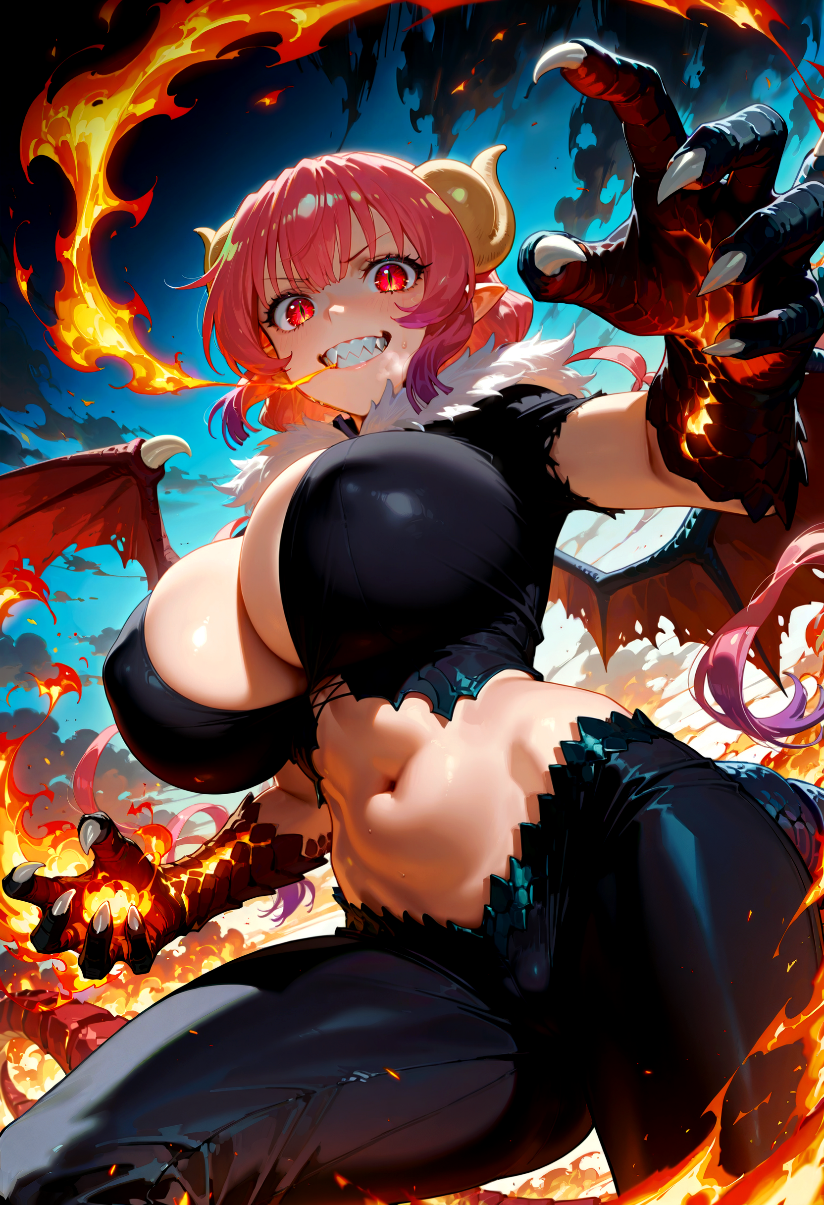 masterpiece, best quality, ilulu \(maidragon\), dragon woman, mature, skinny, sharp teeth, fire breathing, breathing fire, huge breasts, looking at viewer, belly, black scales, clawed hands, dragon wings, fantasy, action pose, detailed, detailed foreground, detailed clothing, detailed hair, detailed eyes, detailed skin, skin folds, volumetric lighting, dramatic lighting, perspective, dynamic pose, cinematic, dark, shadow, stylized, bloom, bokeh, photorealistic,