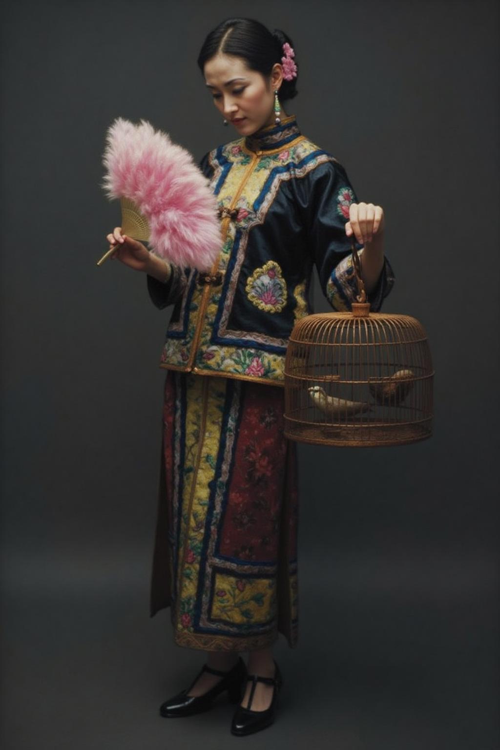 chenyifei1 painting.
A woman stands against a plain, dark gray background, wearing an elaborate traditional cheongsam with intricate embroidery and ornate patterns. Her garment is predominantly black with yellow, green, and blue details, including a floral and geometric design on the sleeves and a prominent collar. She holds a feathered hand fan in one hand and is lifting a bamboo birdcage in the other. She is looking at the bird inside the cage.
 <lora:chenyifei1_cap_d6a3:1.0><lora:839131795539691091:0>