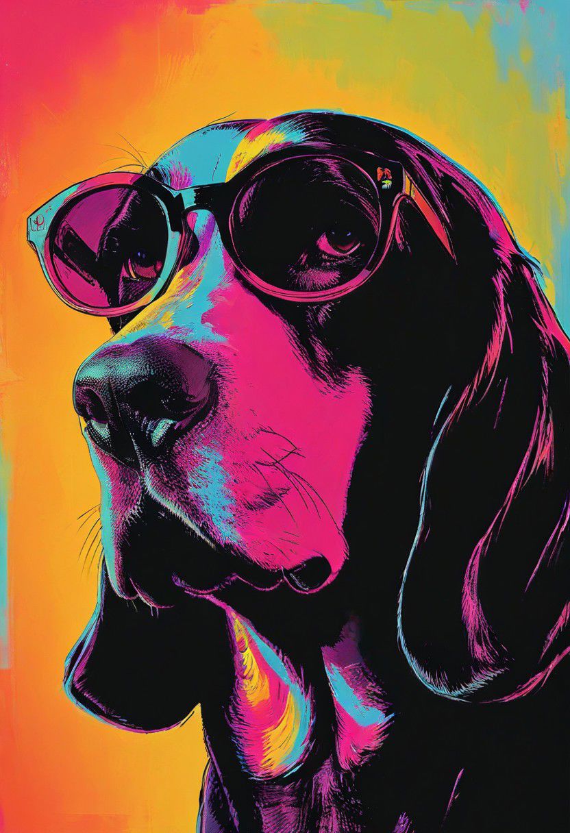impactful color paint of, a Basset Hound, wearing dark sunglasses, highly detailed, vibrant colors , 8k, sharp, professional, clear, high contrast, high saturated, , vivid deep blacks, crystal clear