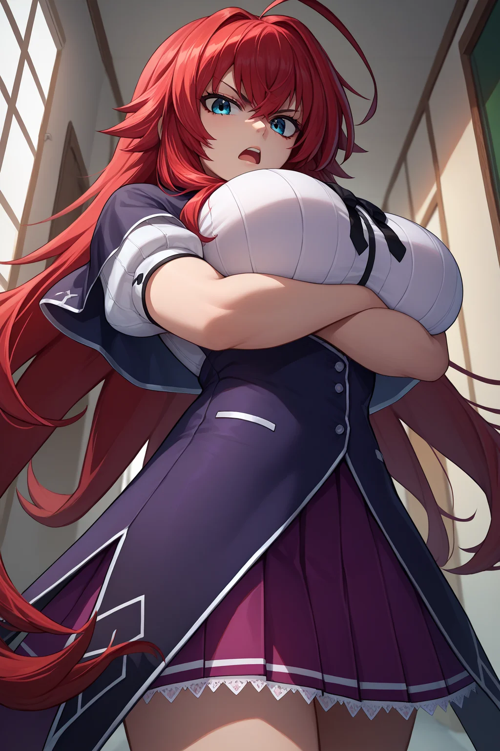 score_9, score_8_up, score_7_up, score_6_up, source_anime, 1girl, solo, <lora:rias-pdxl-nvwls-v1:1> dxdRG, red hair, ahoge, long hair, black capelet, neck ribbon, white shirt, short sleeves, school uniform, purple skirt, big breasts, hallway, crossed arms, looking at you, annoyed, open mouth, from below