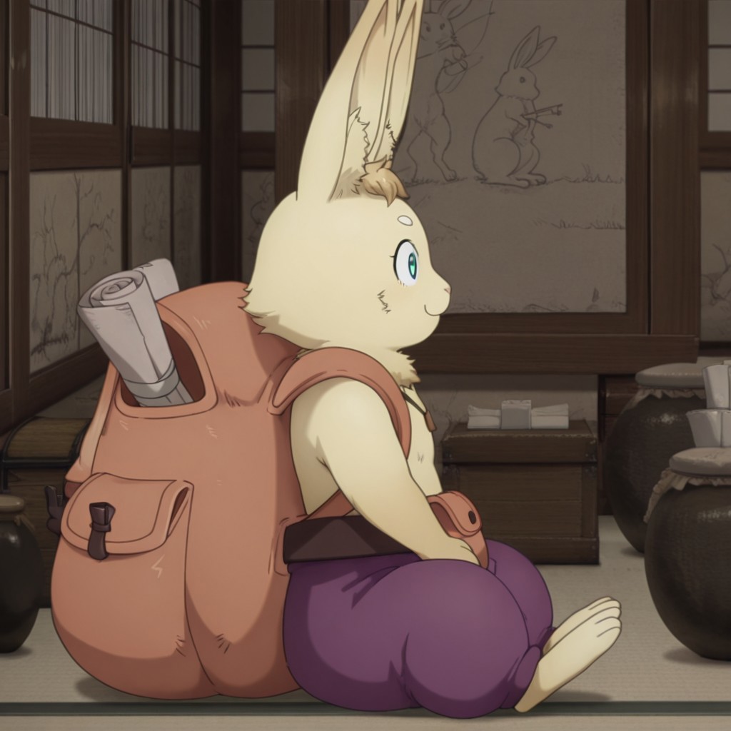 masterpiece, best quality, amazing quality, PeatzslfIL, semi-anthro, male, rabbit, cream blonde fur, turquoise eyes, disproportionately large backpack, belt, belt pouch, necklace, loose purple pants, inside, from side