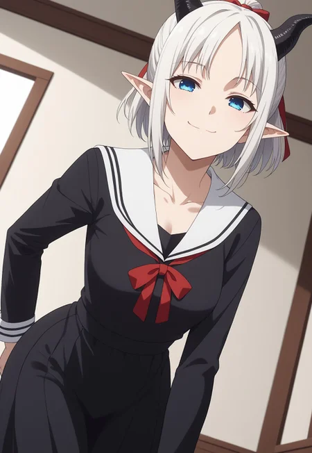 safe_pos, score_9, score_8_up, score_7_up, source_anime, masterpiece, best quality,  BREAK 1girl, solo, MiavtSDXL, short hair, blue eyes, medium breasts, ponytail,  (white hair:1.3), ((white hair)) ((black horns)), pointy ears, goat horns, double pigtail,  BREAK kaguya shinomiya, short hair, bangs,hair ribbon, sidelocks, folded ponytail, parted bangs, long sleeves, dress, ribbon, school uniform, collarbone, black dress, sailor collar, white sailor collar, red ribbon, neck ribbon, shuuchiin academy school uniform, BREAK indoors, ((smug smile)) ((from below)) dutch angle, ((big ass, bent over)) three quarter shot