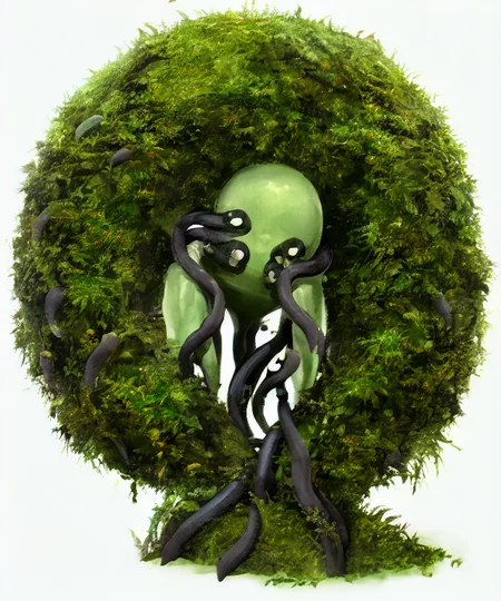 1other, solo, by k-suwabe, colored skin, tentacles , jojo pose, looking at viewer, no humans, no mouth, simple background, solo, stand \(jojo\), moss, compound eyes,  white background, full body <lora:ksuwabe-v1-6k-lora:2>