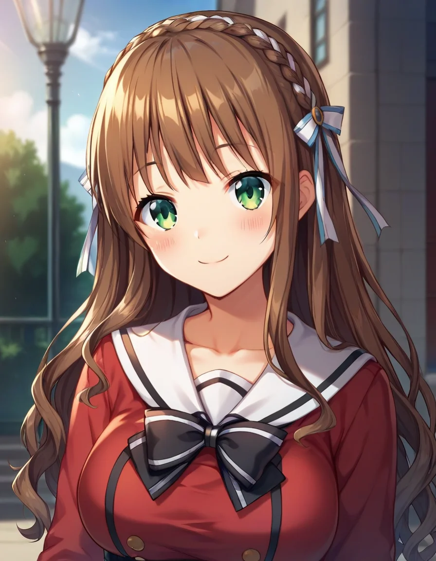 score_9,score_8_up,score_7_up,score_6_up BREAK official art,solo,outdoors,upper body,(portrait:1.5),looking at viewer,facing viewer,smile,blush,Azuma Suzuna,long hair,brown hair,wavy hair,crown braid,hair ribbon,white ribbon,hair bow,white bow,sidelocks,blunt bangs,green eyes,school uniform,collarbone,white sailor collar,black bowtie,red shirt,large breasts,long sleeves,double-breasted,high-waist skirt,grey skirt,pleated skirt,zettai ryouiki,white thighhighs,loafers,<lora:Azuma Suzuna(sdg2)-Pony:1.1>,