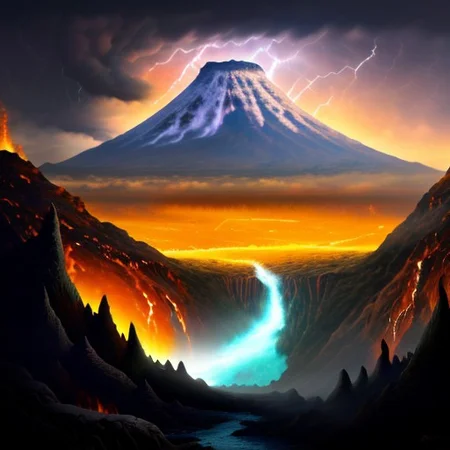 giant active volcano with lava fall coming out of it, lava river in foreground, dark sky, storm clouds, apocalypse, best quality, perfect quality, high res, mountainous back ground, cowboy shot of foreground,