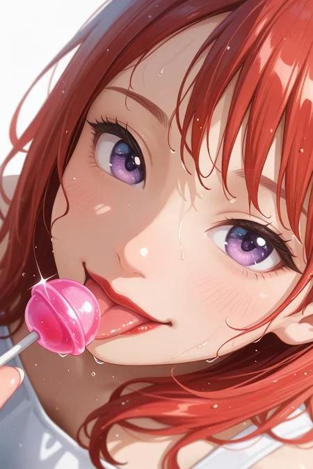 realistic shading, natural lighting, food focus, dafoodie, sparkling food focus, sparkle, female focus, red hair, purple eyes, red lips, 1girl, smiling, happy, holding lollipop, tongue out, wet, waterdroplet, simple plain white background, from above, dutch angle, dynamic angle, intricately detailed illustration, depth of field, atmospheric perspective, masterpiece, best quality, amazing quality, very aesthetic, absurdres, newest