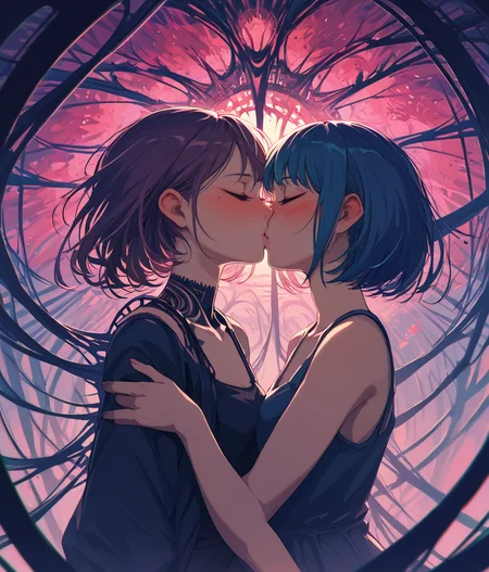 PDXL, <lora:BerryVerrineV1-PDXL:1>, b3rryv3rr1ne,
2girls, closed eyes, blushing, kissing,
(surreal)