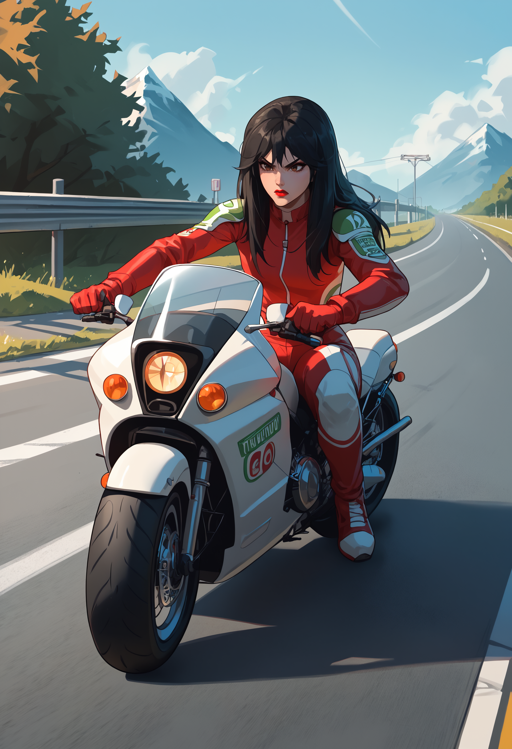 score_9, score_8_up, score_7_up, score_6_up,=
Terayama Reiko is riding on motorcycle, riding on road, highway, from above, holding handlebar, ultra detailed biker on motocycle, big motorcycle, solo focus,
1girl, solo,
determined, 
black hair, long hair, makeup, lipstick, brown eyes,
bikesuit, no bra,
thighs, 
outdoors, roads, highway, neon lights, mountain, serpentine,
<lora:Terayama Reiko3216PDXL:1>