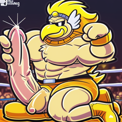 yellow bird beak, bracelet, arm up, belt, short hair, what, yellow fur, erection under clothes, flexing, grinning, blush, phone, stretching leg, thick shadows, boxing gloves, flexing muscles, penis peek, sitting down, armor, nipple piercing, multiple boys, furry, white male underwear, solo focus, closed fist, armpit hair, yellow boots, beak, precum, wrist bands, cellphone, money, huge penis, girthy penis, side view, digital painting
