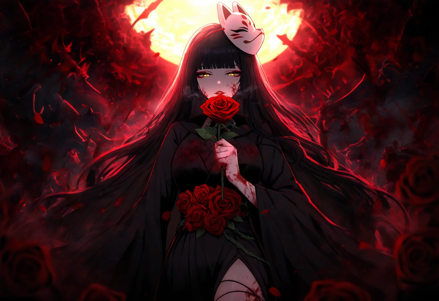 masterpiece,very aesthetic,absurdres,newest,1girl,adult,solo,holding rose,long stemmed rose,upper body,face focus,long hair,black hair,hime cut,yellow eyes,narrowed eyes,red lips,fox mask,black robes,high-slit skirt,bats,roses,bloody,bare thigh,dark,high constrast,foreground petals,bloody splash effects,Sun-drenched vineyard,rows of grapes,warm air,panorama,<lora:limbus92:0.6>,limbusstyle