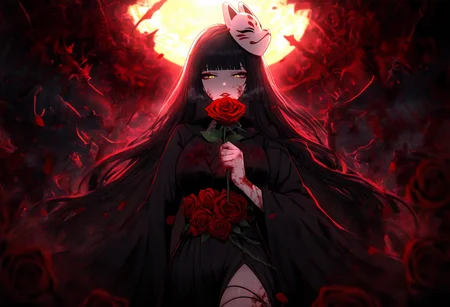 masterpiece,very aesthetic,absurdres,newest,1girl,adult,solo,holding rose,long stemmed rose,upper body,face focus,long hair,black hair,hime cut,yellow eyes,narrowed eyes,red lips,fox mask,black robes,high-slit skirt,bats,roses,bloody,bare thigh,dark,high constrast,foreground petals,bloody splash effects,Sun-drenched vineyard,rows of grapes,warm air,panorama,<lora:limbus92:0.6>,limbusstyle