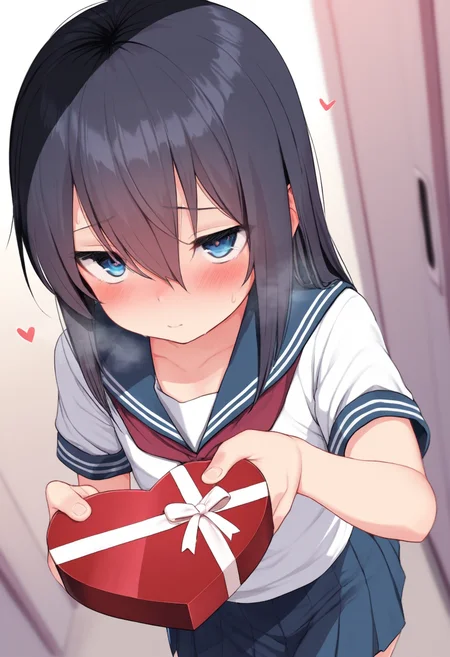 masterpiece,best quality,amazing quality,
trap, hair between eyes, flat chest, heart-shaped box, holding, box, gift, valentine, incoming gift, blush, serafuku, school uniform, white shirt, blue sailor collar, blue skirt, pleated skirt, short sleeves, neckerchief, red neckerchief,