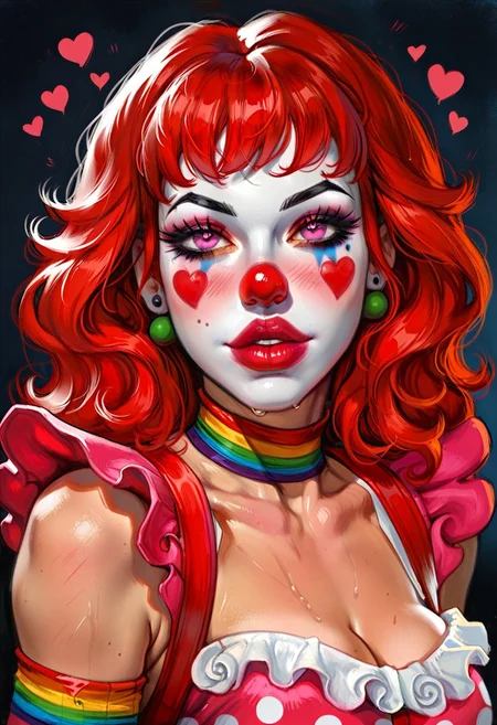 wearing classic polka dot bodysuit that hugs every curve, ruffled skirt, White elbow length gloves, big red clown nose, rainbow wig,
Erotic facial expression, Beautiful face, Perfect Face, Sultry eyes, Pretty face, Gorgeous Eyes, Pink Eyes, Breeding, Ovulating, Horny, In Heat, Passionate, Romantic, Hearts, Strong Nose, blush, Pink lipstick, Nail polish, Wet Hair, Messy Hair, Sexy Hair, Long Hair,
Oily Body, Sweaty Body, Hourglass body, Voluptuous, Big ass, Big Boobs, Thick thighs, Female Abs, feminine woman, Thick body, Sexy, Erotic, Arousing, Correct Proportions,
masterpiece, best quality, highly detailed, clean linework, upscaled, high resolution, score_9, score_8_up, score_7_up, High contrast lighting, Dynamic Lighting, high contrast color pallet, intense shadows, Saturated, Image from Above, Subject looking up, Looking down at subject,
Portrait, Waist up, Close up, Face focus, Woman solo, Headshots, 
mythp0rt, oil painting, traditional media, realistic, g0th1c, glowing, glowing eyes, Clown, Clown makeup, clown costume, colorful clown costume, red clown nose,