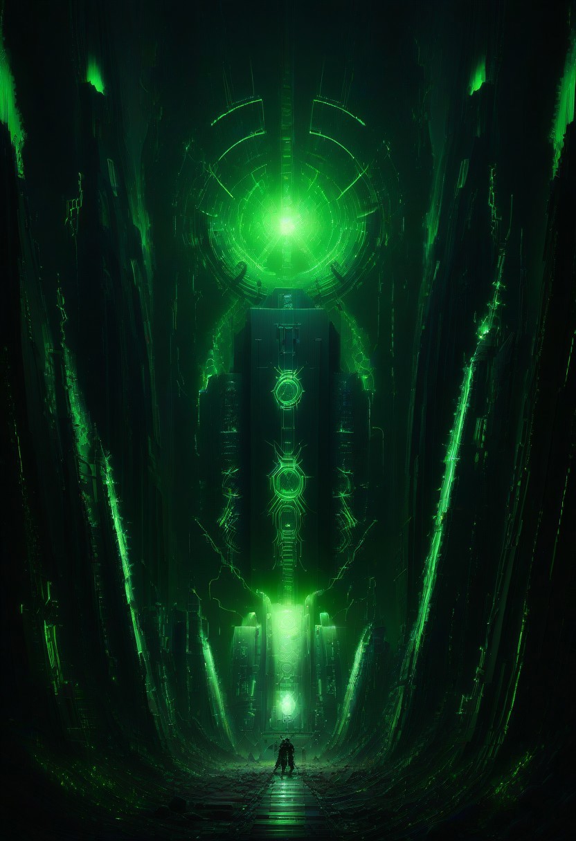 green sun, electricity, green glow, green theme, Necron, server room, chaos,