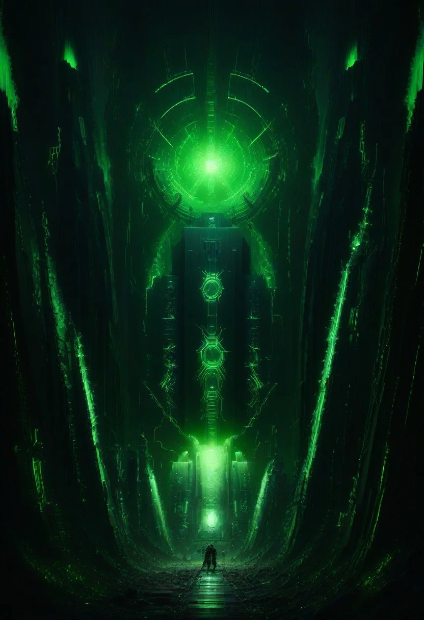 green sun, electricity, green glow, green theme, Necron, server room, chaos,