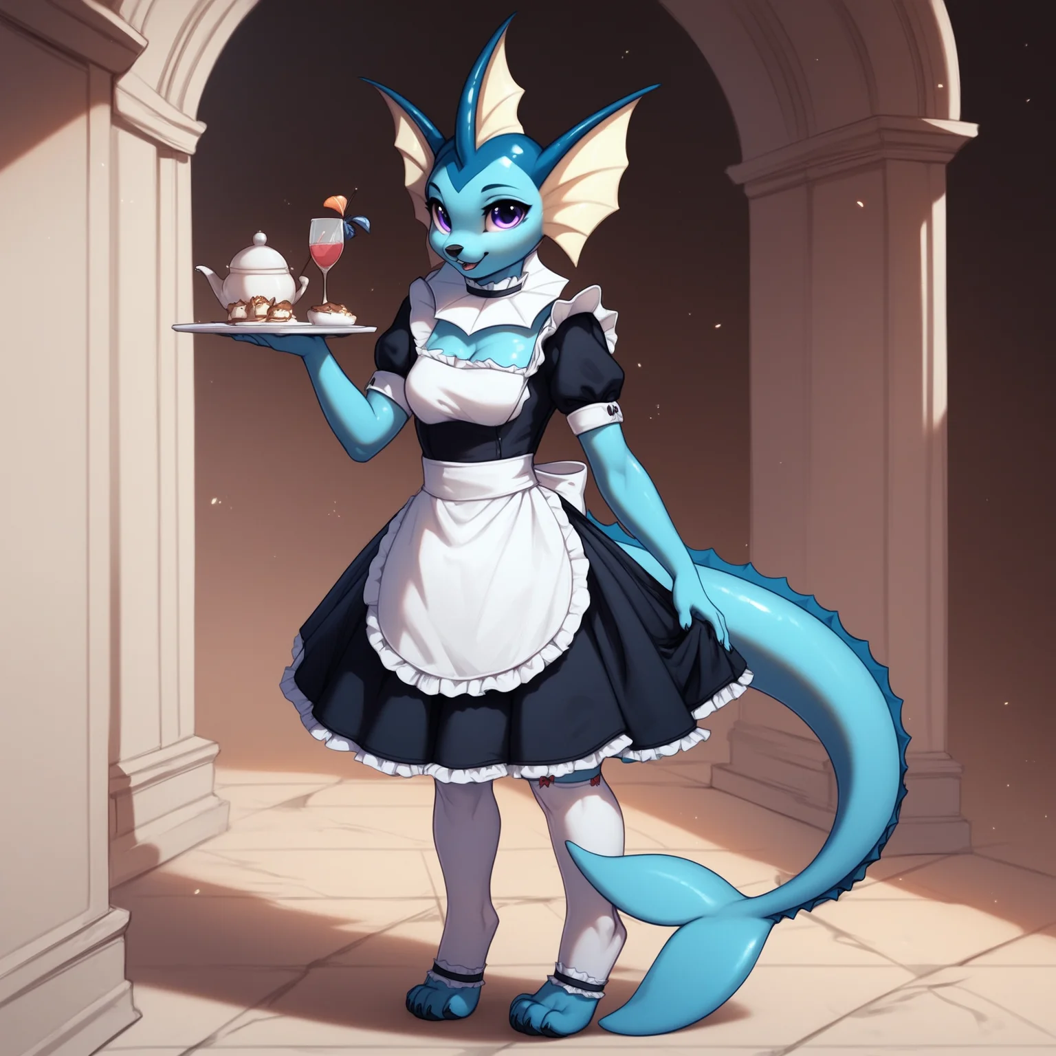 score_9, score_8_up, score_7_up, score_6_up, score_5_up, score_4_up, rating safe, source furry, <lora:Vaporeon_PonyV6SDXL:0.8>, detailed background, mansion, full-length portrait, BREAK
solo, female, anthro, Vaporeon, maid uniform, frilly clothing, knee highs, cute expression, looking at viewer, 4 toes, 5 fingers, blue body,