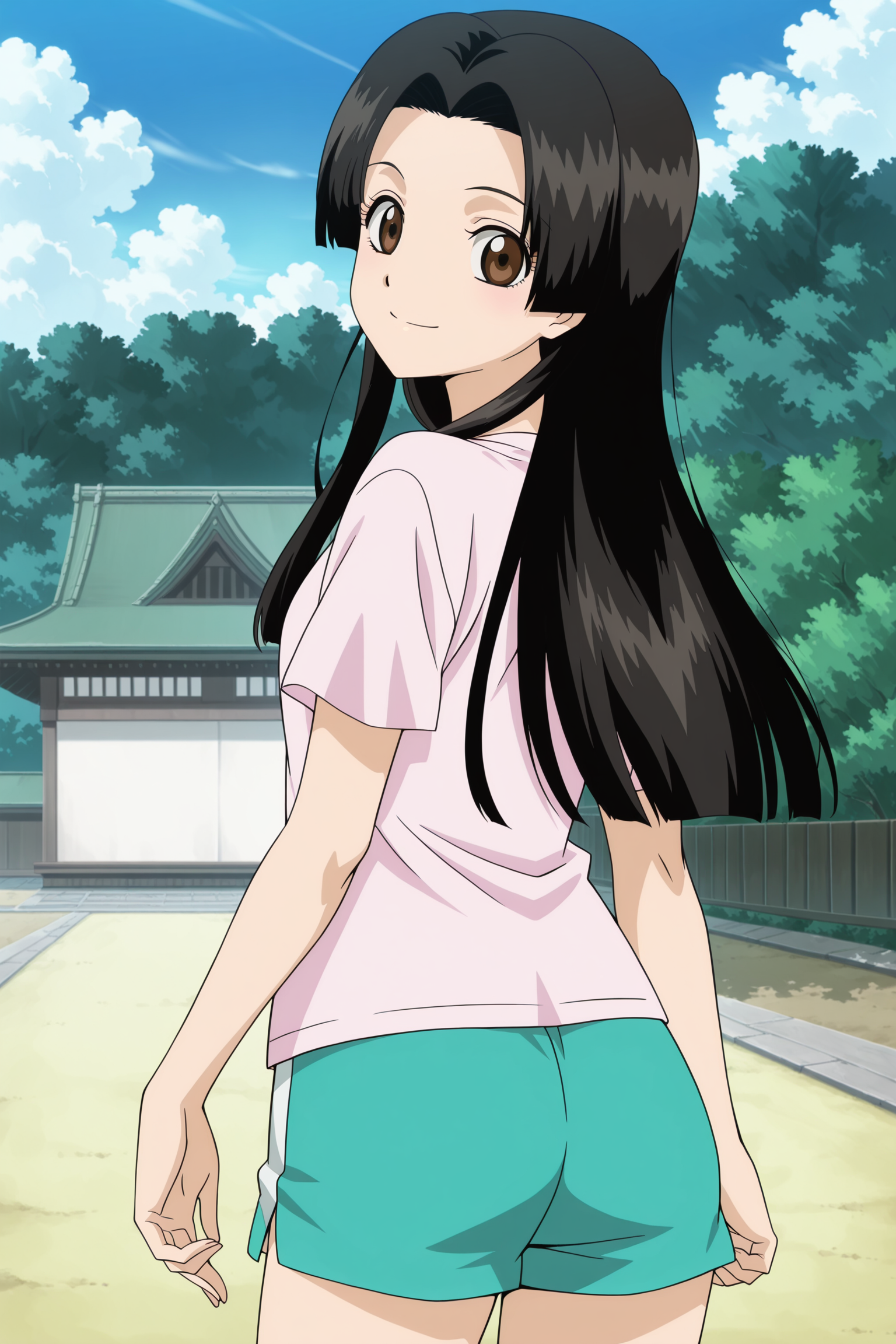 anime coloring, anime screencap, masterpiece, best quality, amazing quality, detailed face,
 <lora:Soyo_Tokugawa_Gintama:.9>
outside, day, Japanese palace in the background,
Soyo Tokugawa, 1girl, stylish t-shirt, shorts, solo, brown eyes, long hair, black hair, hime cut, looking back at the viewer, cute smile, cowboy shot, from behind, safe for work image
