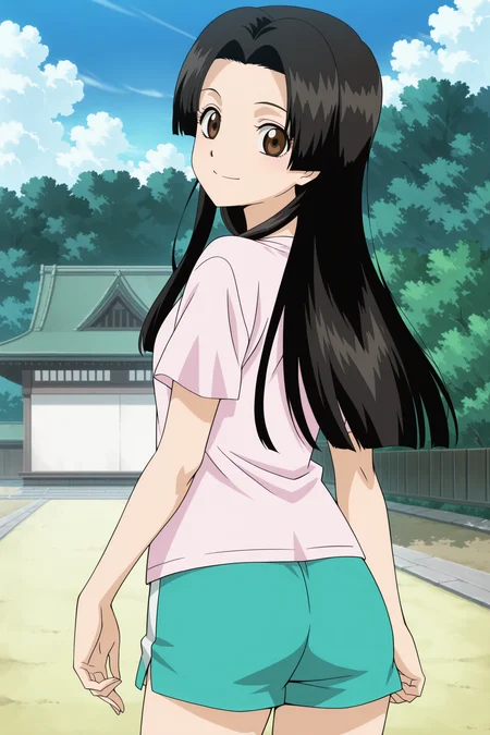 anime coloring, anime screencap, masterpiece, best quality, amazing quality, detailed face,
<lora:Soyo_Tokugawa_Gintama:.9>
outside, day, Japanese palace in the background,
Soyo Tokugawa, 1girl, stylish t-shirt, shorts, solo, brown eyes, long hair, black hair, hime cut, looking back at the viewer, cute smile, cowboy shot, from behind, safe for work image