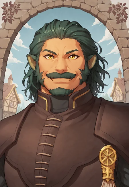 score_9, score_8_up, Giffca, lion ears, medium hair, yellow eyes, green hair, facial hair, mustache, medieval town, blue sky, portrait, looking at viewer, smile, armor, bracers, dynamic pose, dutch angle, happy, portrait, front view, gust of wind,