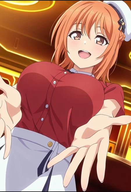 general,highres, ultra-detailed,very aesthetic,best quality ,best hands,best eyes,easynegative,
dynamic anglre, dutch angle, anime cloring,anime screencap,
1girl solo,looking at viewer,casino, smile,open mouth, 
Miho Fujigasaki,orange hair, short_hair, braid, brown eyes, huge_breasts,shirt,skirt, hat,
