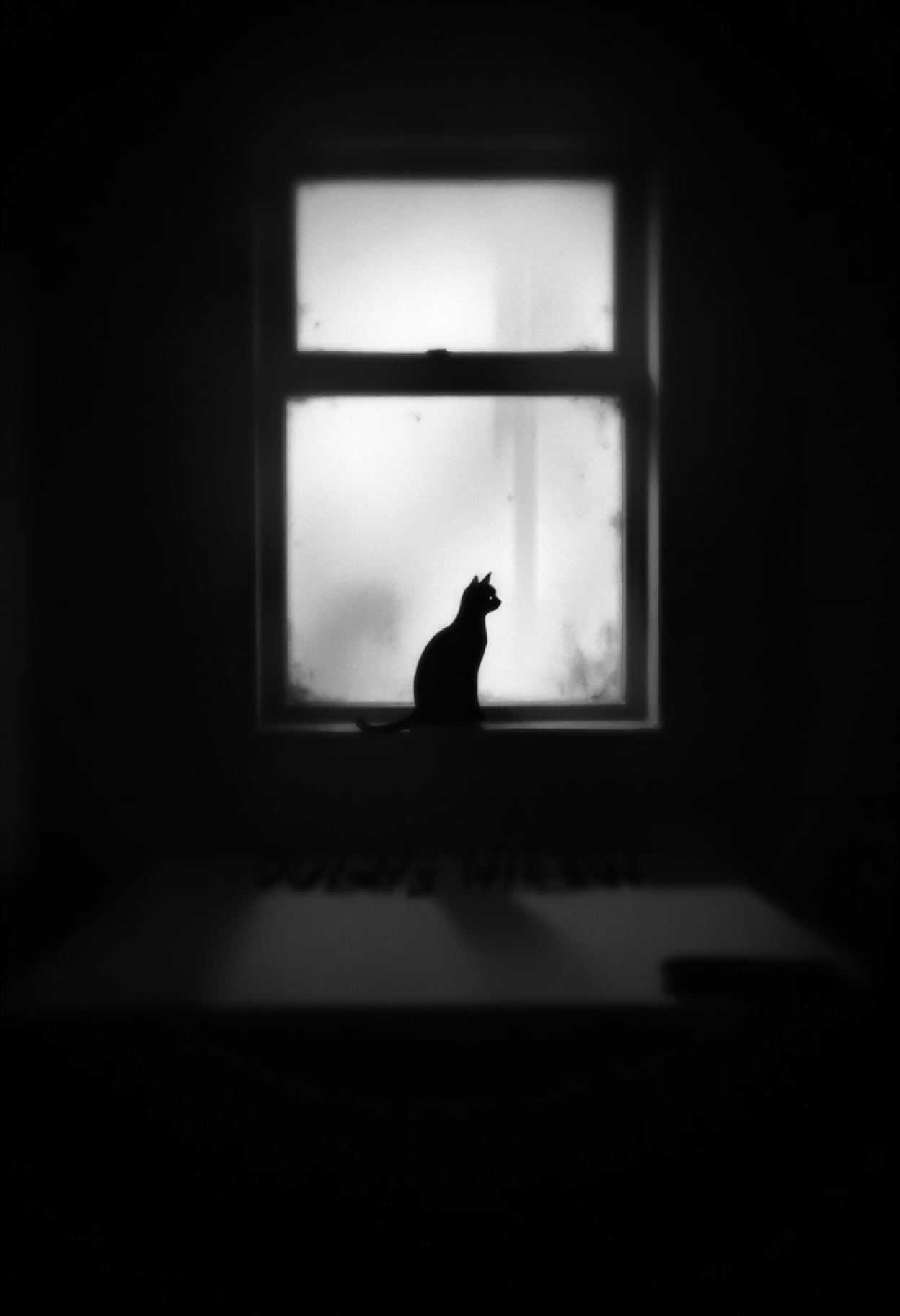 an illustration of a cat sitting on window sill in a dark, shadowy room, misty gray background, in the style of limbo